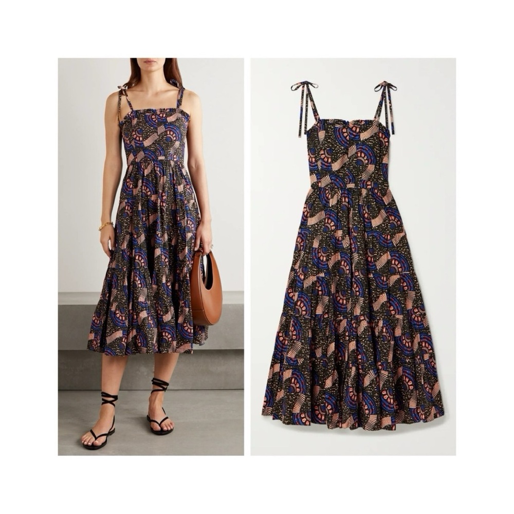 Ulla Johnson Ellyn Midi Dress (Sz 4) Tie Strap Printed Cotton Poplin Army Multi